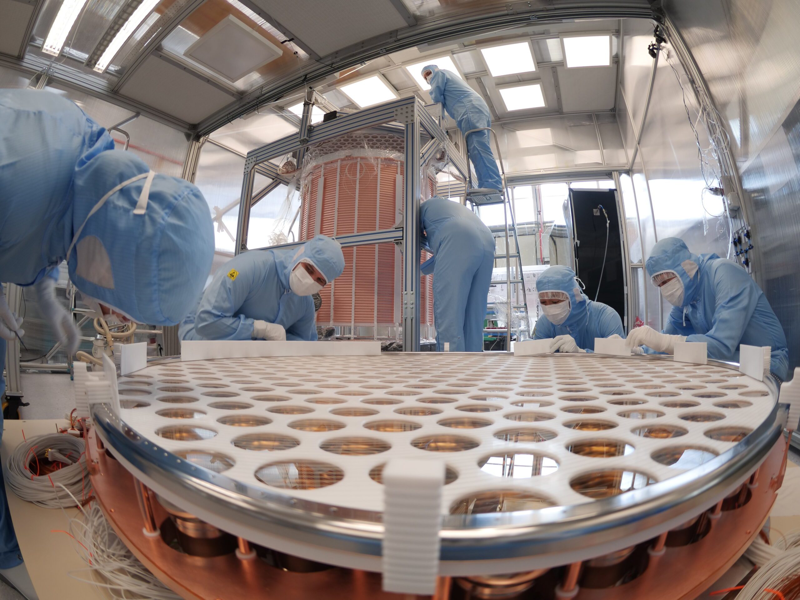 XENONnT TPC assembly with the photomultiplier array in the foreground